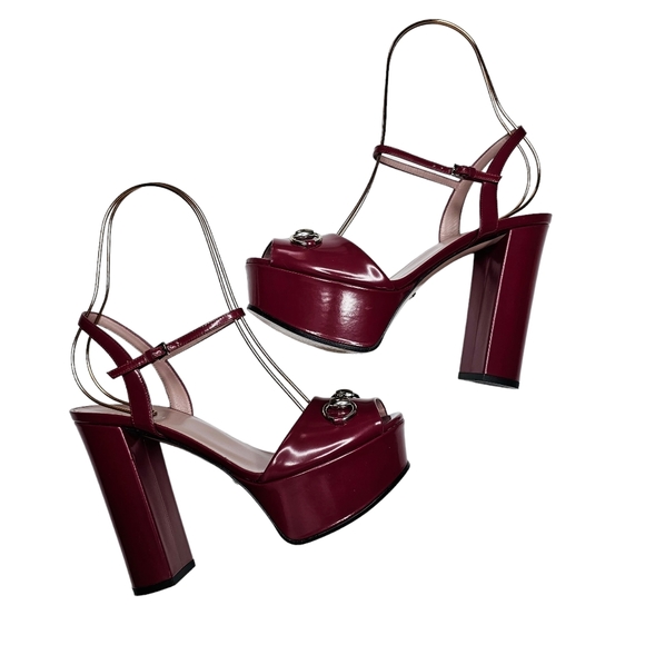 Gucci Claudie Burgundy Red Leather Size 38 Horsebit Platform Block Heel Sandals - Picture 2 of 14